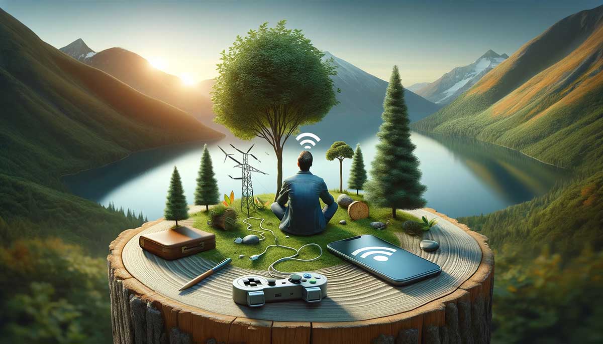 A person sitting in a peaceful, natural setting with a smartphone and other wireless devices turned off and set aside, surrounded by trees, a lake, and mountains, symbolizing a disconnect from technology and a connection with nature.