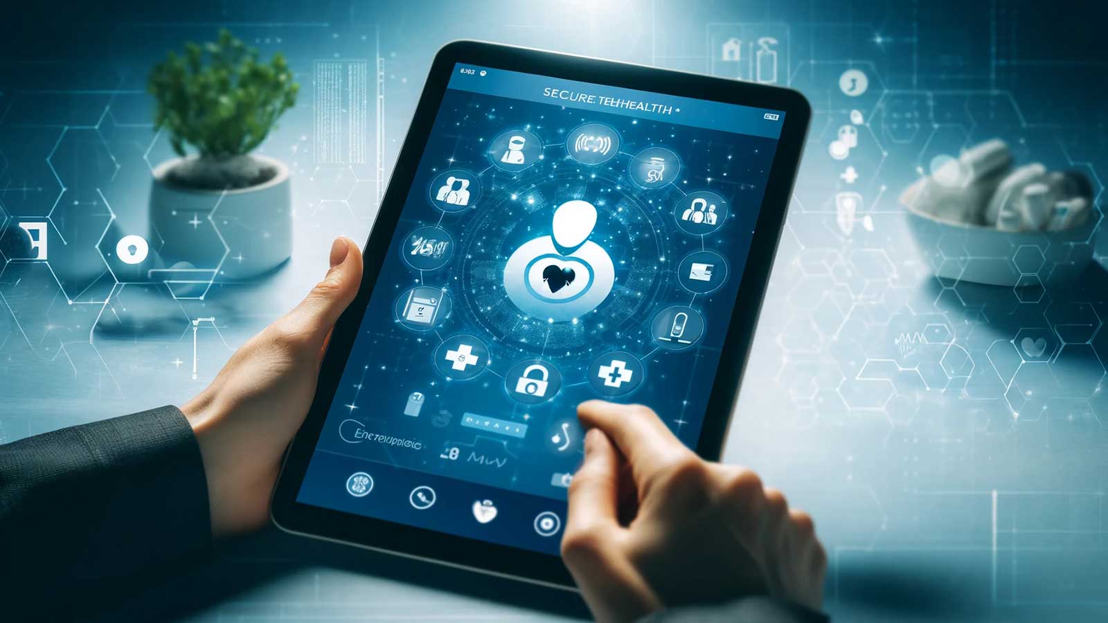 A secure telehealth platform displayed on a tablet, highlighting features like video calls, messaging, and encryption symbols to emphasize security and confidentiality. The background includes subtle medical icons and graphics representing healthcare services.