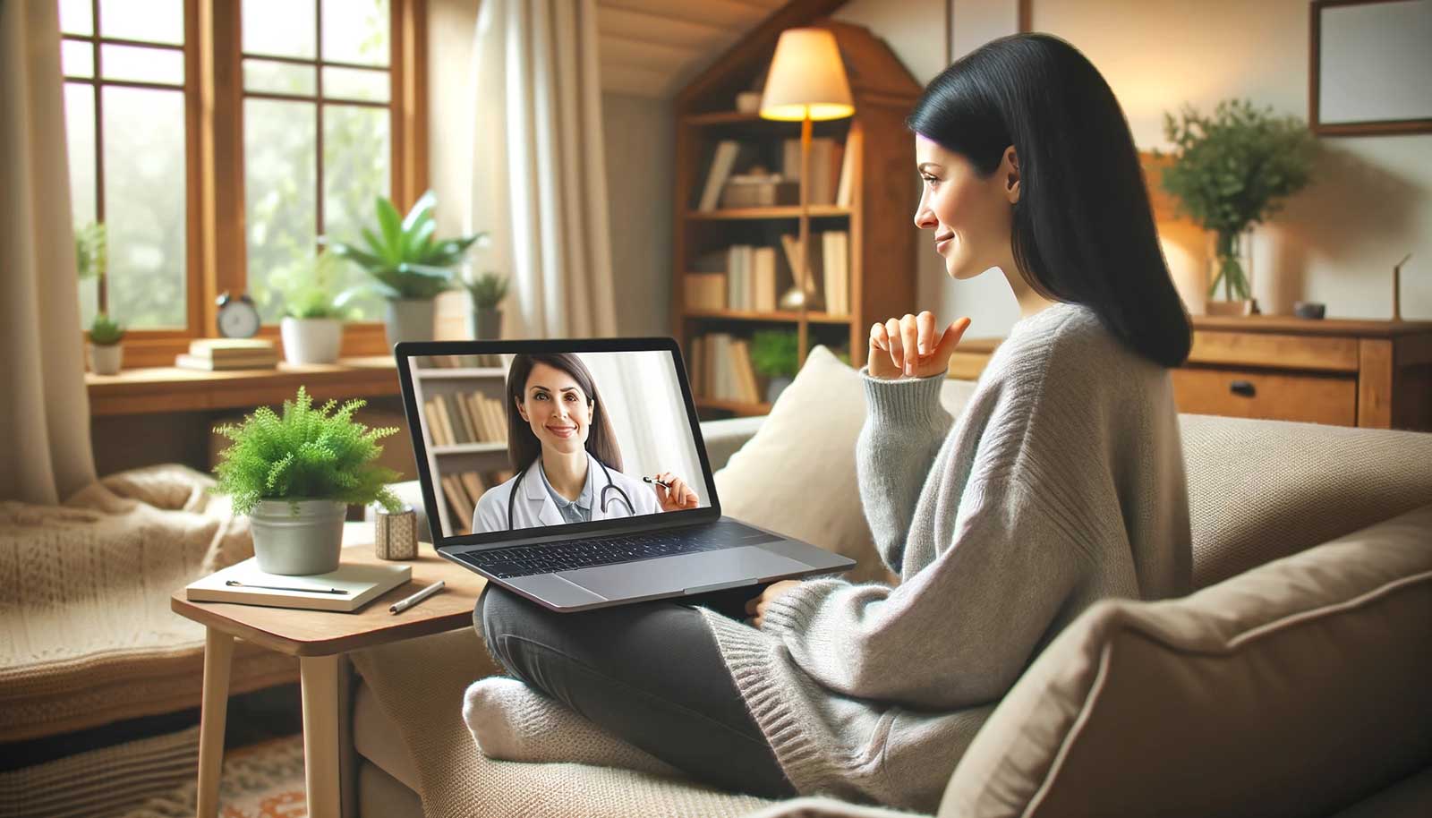 A patient sitting comfortably at home with a laptop having a telehealth consultation with a female healthcare provider with dark hair. The cozy home setting includes a soft couch, warm lighting, houseplants, and bookshelves, emphasizing comfort and accessibility.