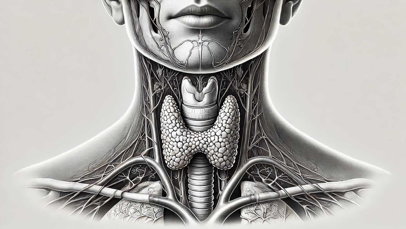 Detailed anatomical illustration of the thyroid gland, showing its butterfly shape and location at the base of the neck, with surrounding structures such as the trachea and blood vessels.