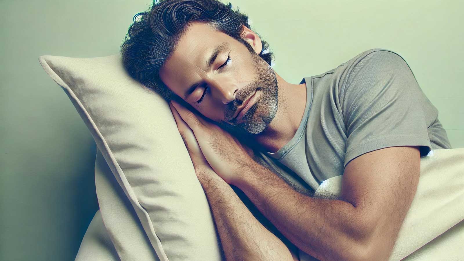 Photograph of an attractive man in his 40s sleeping peacefully.