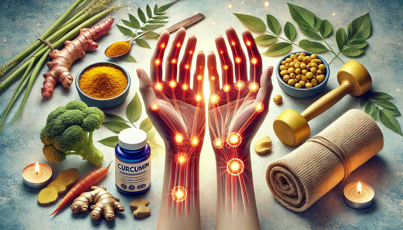 an image depicting a pair of hands showing signs of arthritis, surrounded by elements representing anti-inflammatory foods and physical therapy, all set in a calming, soothing environment