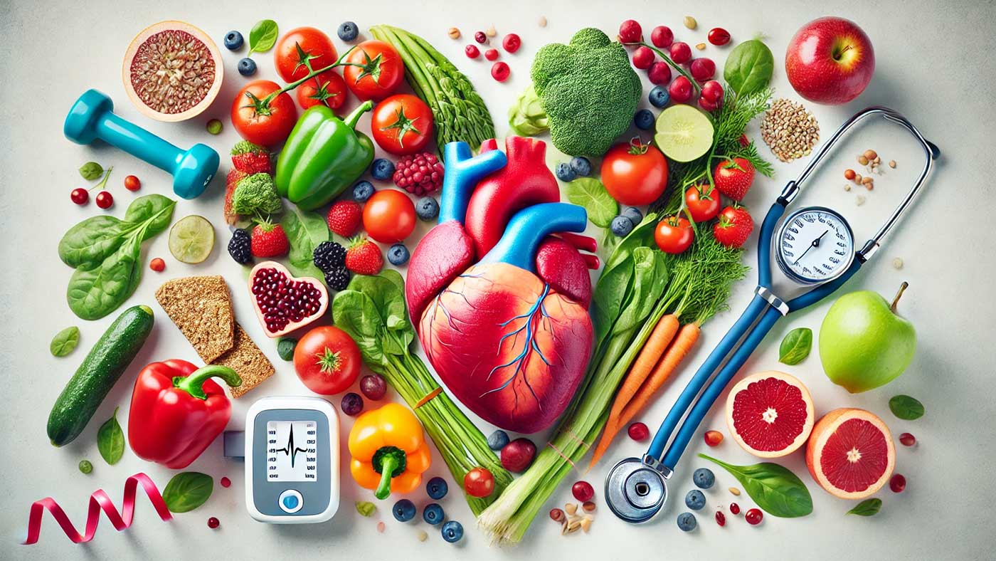 an image depicting a healthy heart surrounded by fresh vegetables, fruits, whole grains, and elements symbolizing comprehensive cardiovascular care