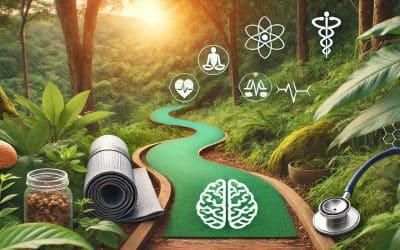 an image of a winding path through lush natural scenery with symbols of health and wellness along the way, representing the journey of integrative medicine