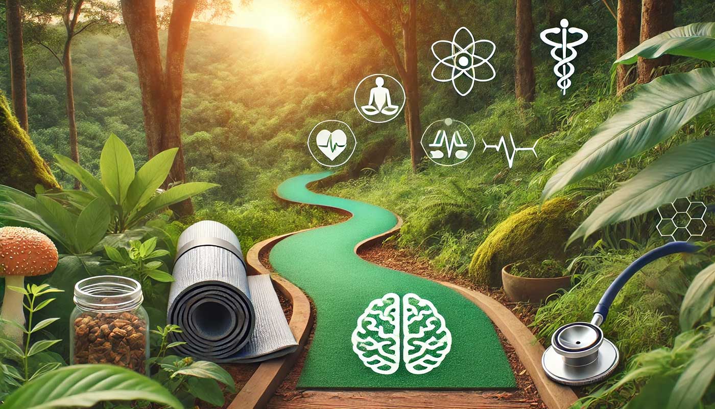 an image of a winding path through lush natural scenery with symbols of health and wellness along the way, representing the journey of integrative medicine