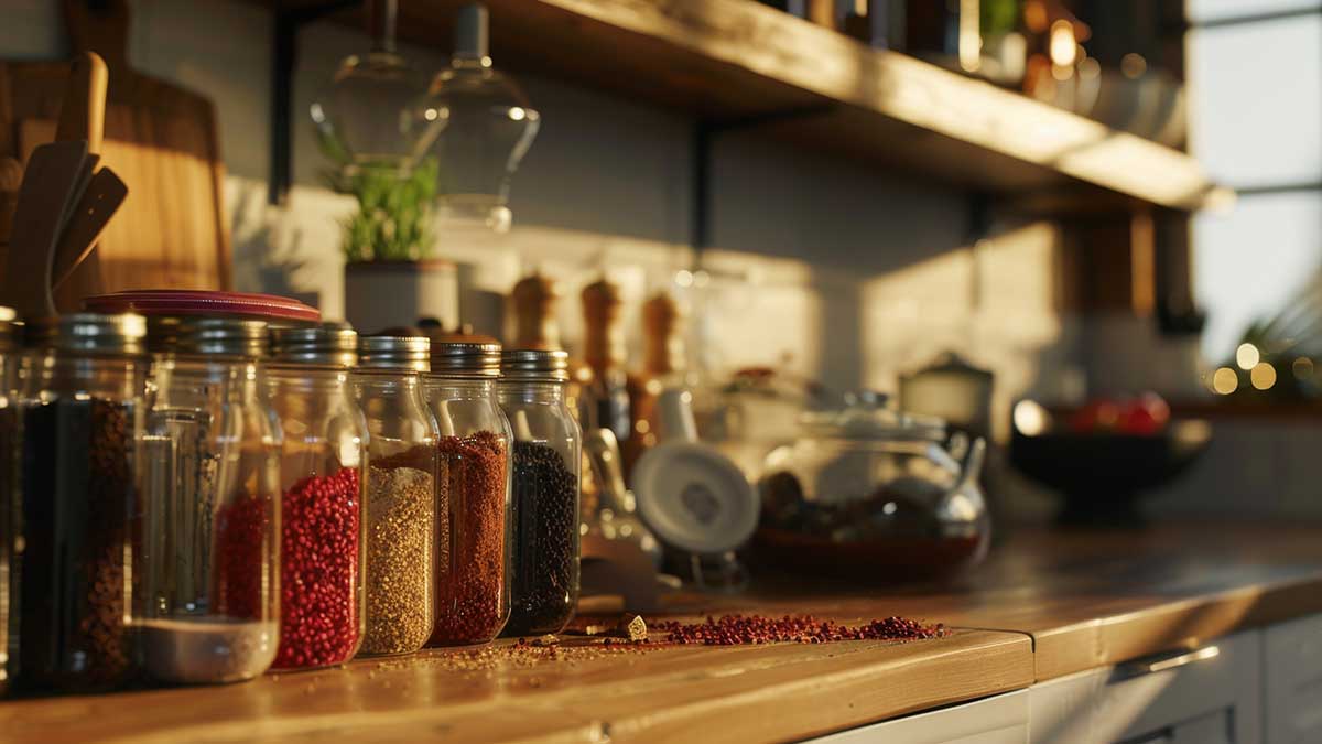 kitchen featuring glass jars as food containers