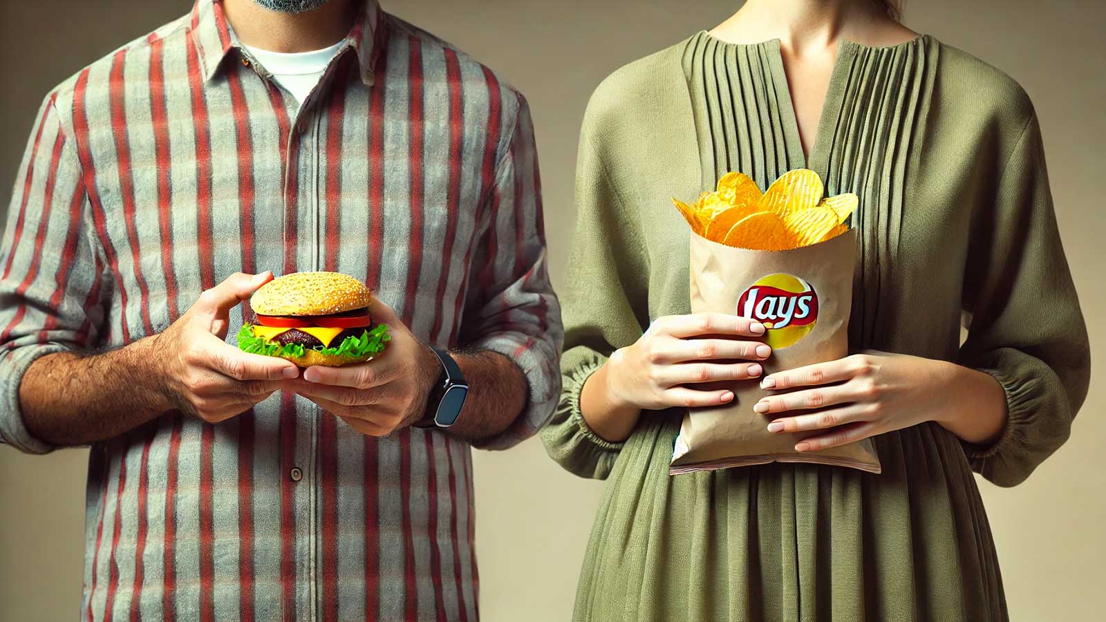 A man in a plaid shirt holds a juicy hamburger, while a woman in an olive dress clutches a bag of Lay's potato chips. The scene unfolds like a modern "Battle of the Bulge," highlighting the contrast between their naturally tempting food choices.