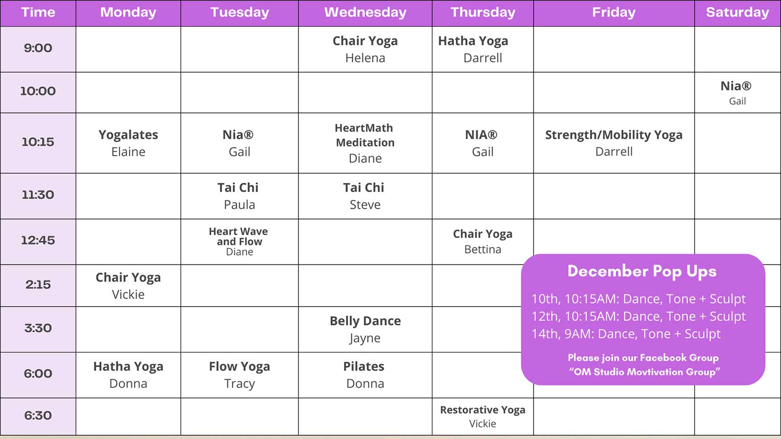 December Movement Studio Calendar