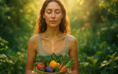 A woman sits peacefully in a garden, eyes closed, holding a colorful bowl of fresh vegetables and fruits. Subtle visual overlays show leaves, light particles, and roots blending into her body to symbolize how food connects us to the earth. A soft, glowing light surrounds her.