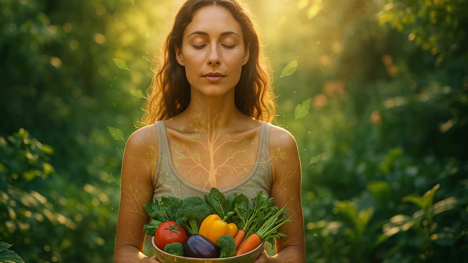 Intimacy-of-Eating-Nature-Becomes-You A woman sits peacefully in a garden, eyes closed, holding a colorful bowl of fresh vegetables and fruits. Subtle visual overlays show leaves, light particles, and roots blending into her body to symbolize how food connects us to the earth. A soft, glowing light surrounds her.