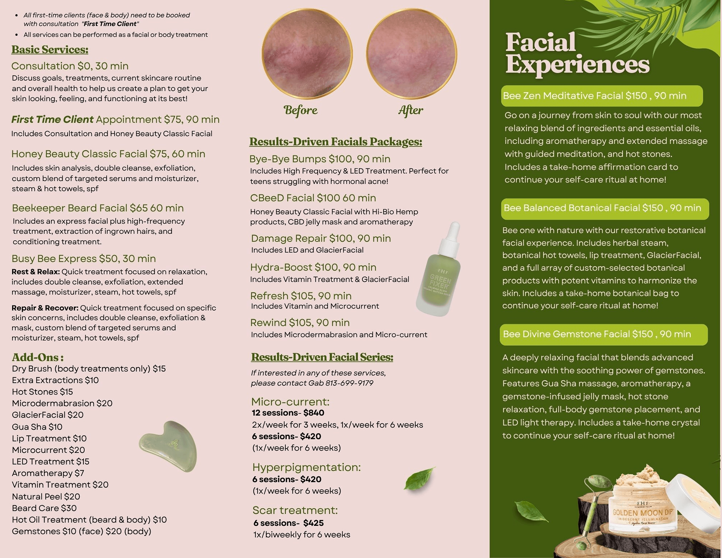 A skincare services menu for FL showcases Skin Care Services Hernando County, featuring facial treatment options, package details, pricing, descriptions, and before-and-after images. Green and beige tones with leaf graphics create a natural, spa-like ambiance.