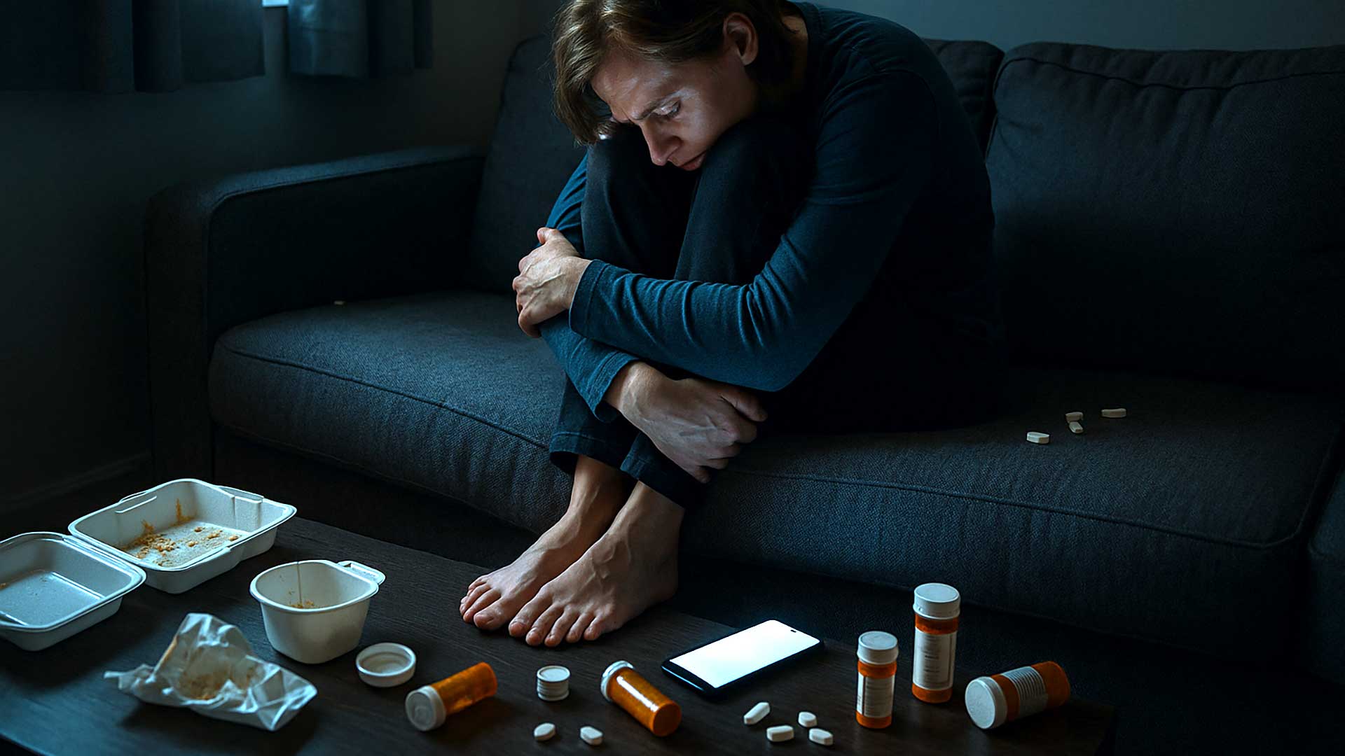 addiction-solitude-digital-despair A solitary figure curled up on a couch in a dim room, surrounded by empty food containers, a glowing phone screen, and scattered pill bottles. Light from a small window highlights their face, showing a quiet moment of despair and vulnerability.