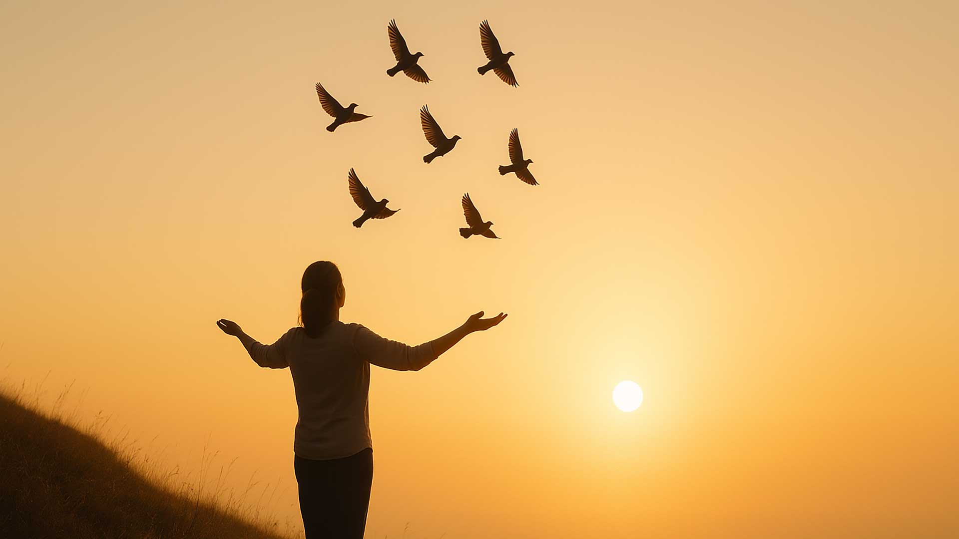 letting-go-serenity A serene, warm-toned photograph of a person standing on a hill at sunrise, arms gently outstretched, releasing a small flock of birds into the glowing sky, symbolizing peace and freedom. Soft golden light, clear sky, and gentle movement of the birds to convey the concept of “letting go” with calm empowerment.