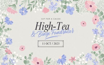 Floral border with pink, blue, and white flowers surrounds text: "Sip for a Cause. High Tea & Bingo Fundraiser for Kidney Health. 11 Oct 2025." on a light gray background.