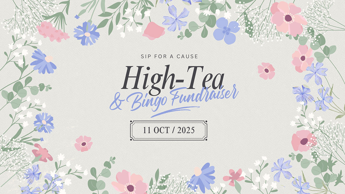 Floral border with pink, blue, and white flowers surrounds text: "Sip for a Cause. High Tea & Bingo Fundraiser for Kidney Health. 11 Oct 2025." on a light gray background.
