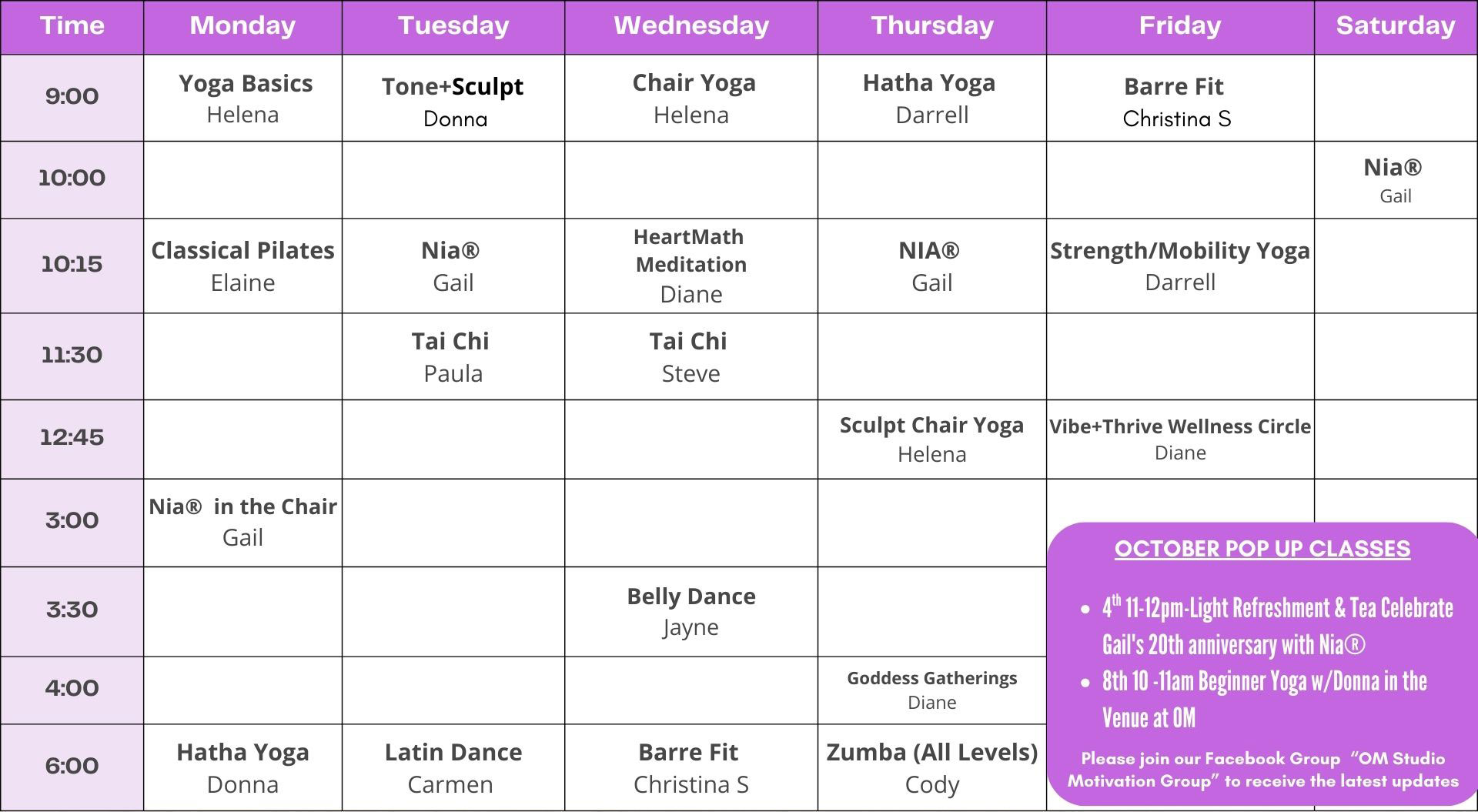 A weekly fitness class schedule with various classes listed by day and time, including yoga, dance, tai chi, and fitness sessions. A purple box highlights October pop-up classes and additional group information.