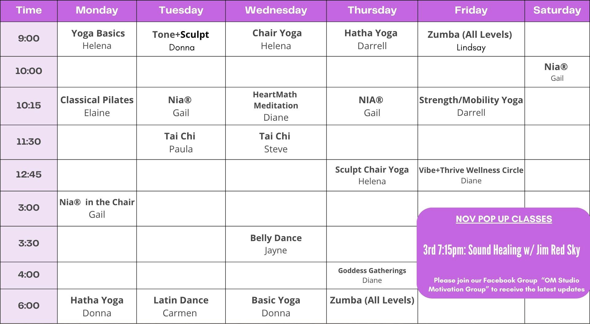 A weekly fitness class schedule color-coded by day, listing classes such as Yoga, Tone+Sculpt, Chair Yoga, Zumba, Tai Chi, Classical Pilates, and Belly Dance, with times, instructors, and a note about a pop-up class.