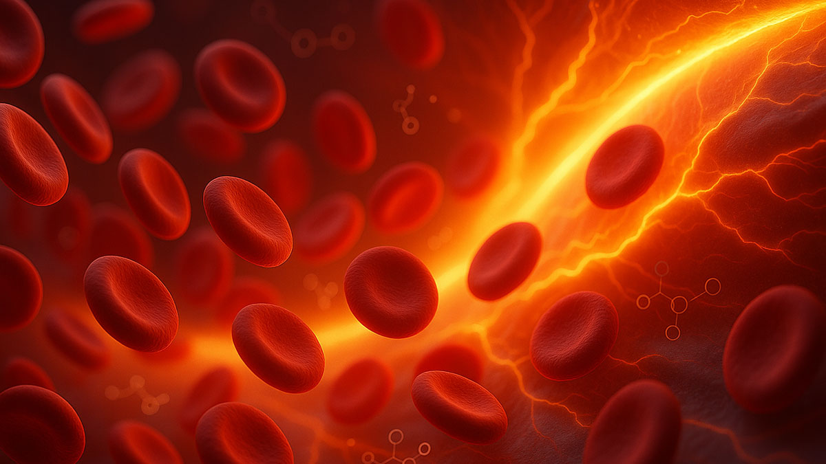 Artistic 3D rendering of healthy red blood cells flowing freely through unclogged arteries, with faint molecular structures representing EDTA chelating toxins, glowing veins symbolizing improved circulation and detox.