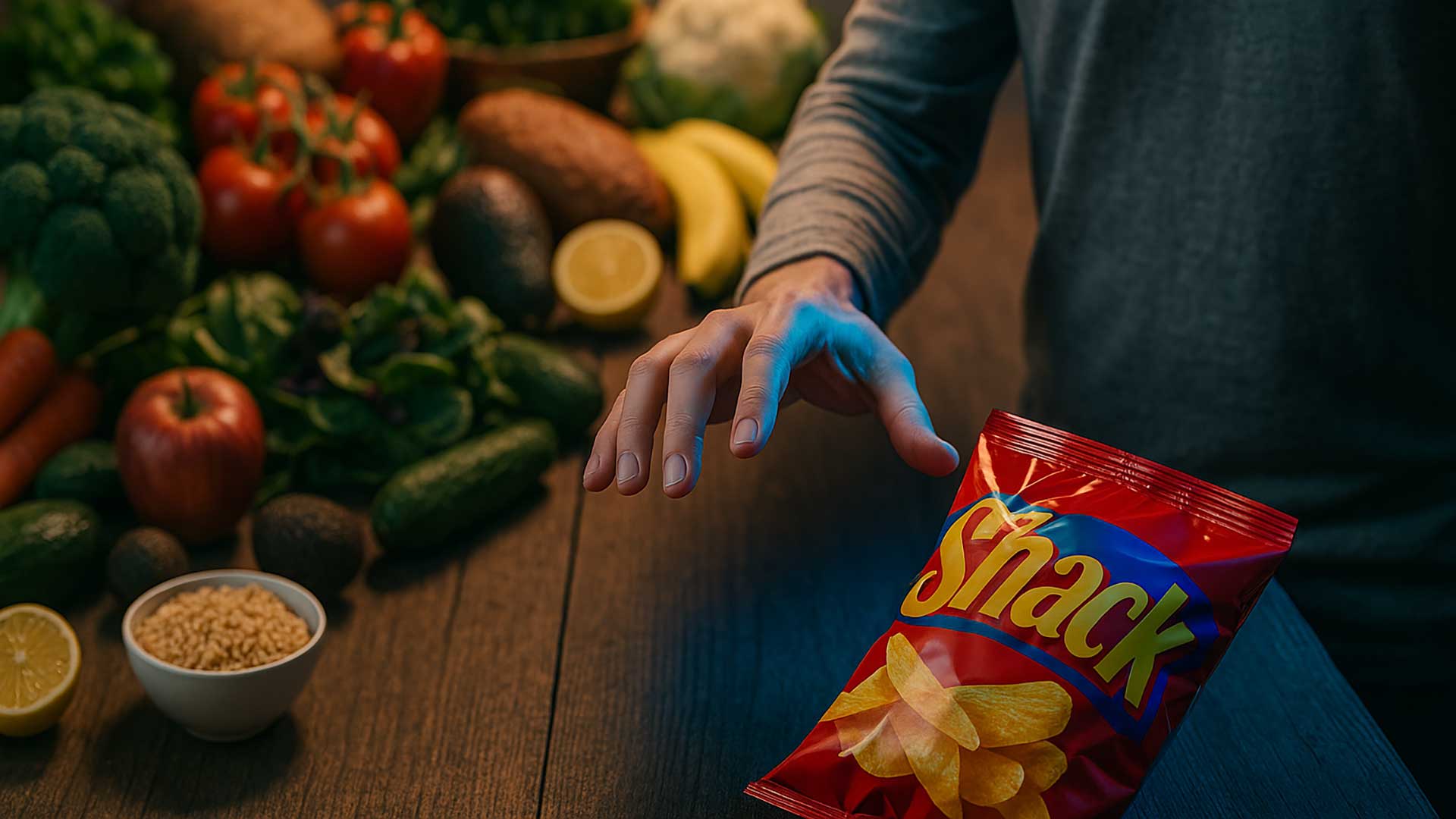 food-industry-deception-healthy-vs-processed-foods-wellcome-om Consumer choosing between brightly packaged processed foods and fresh whole foods, symbolizing food industry deception.