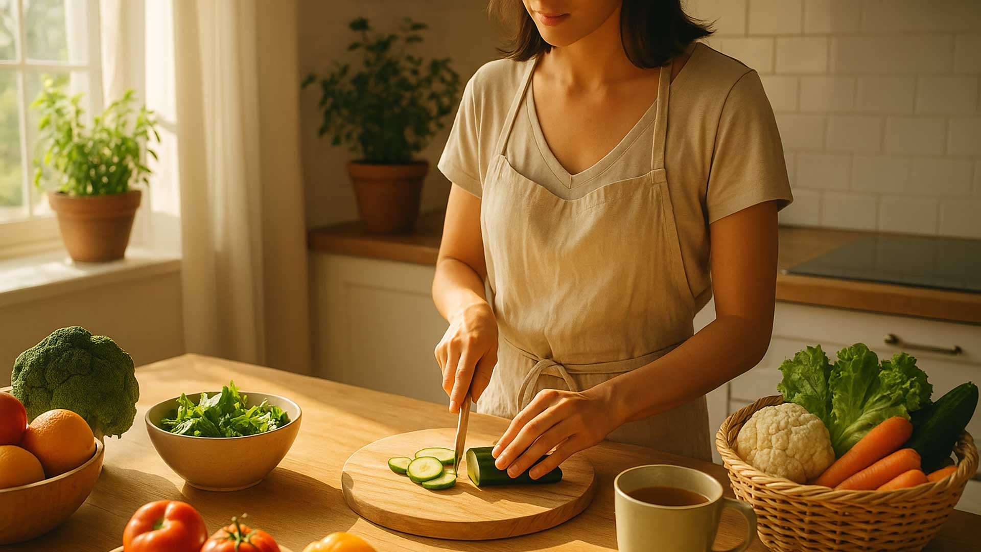 Person preparing a nutritious meal mindfully as part of a holistic approach to health.