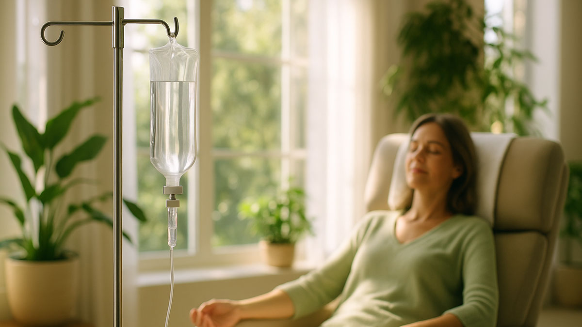 woman_chleation_iv_therapy A peaceful medical wellness setting with an IV drip in focus, sunlight streaming through large windows, a relaxed patient in a spa-like chair receiving a nutrient infusion, surrounded by greenery and natural light, representing holistic healing and vitality.
