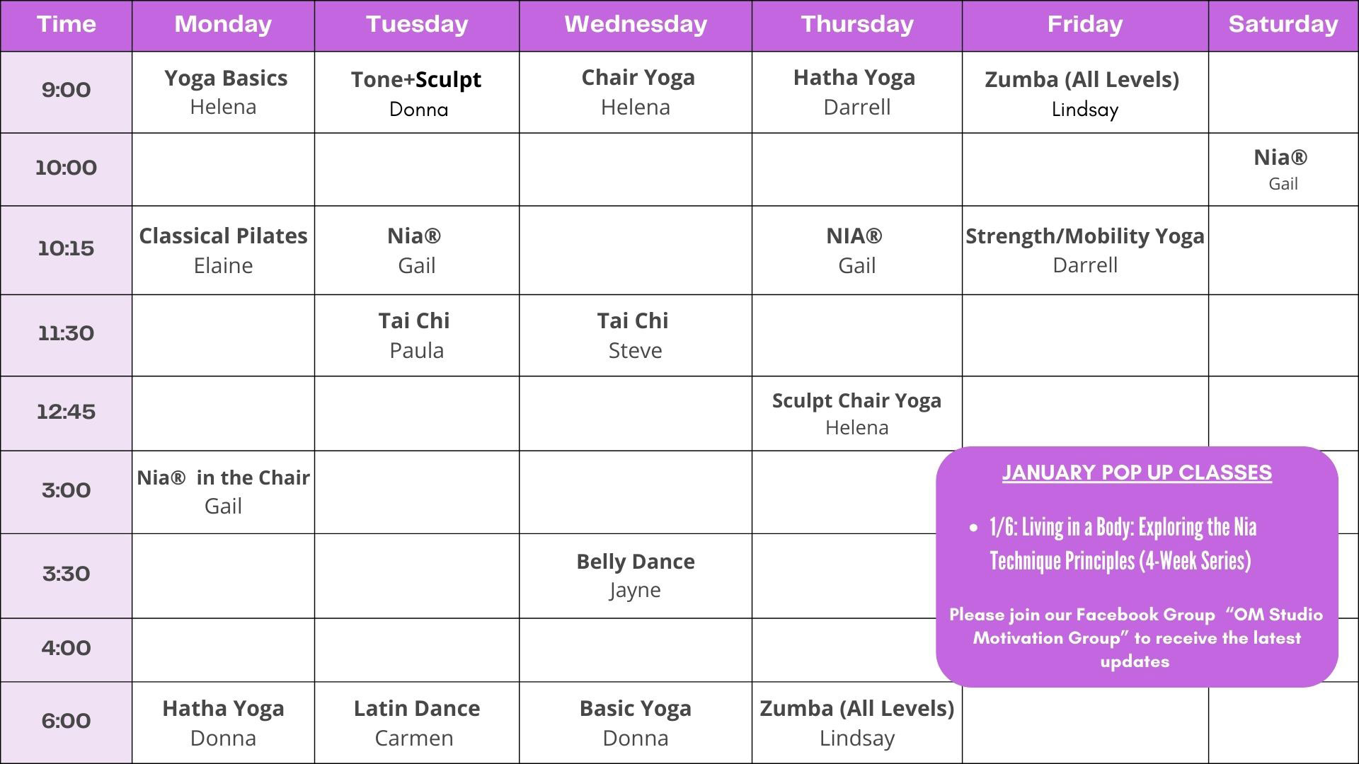 A weekly fitness class schedule in a purple table, listing various classes like Yoga, Pilates, Tai Chi, Zumba, and Dance, with different instructors and times Monday through Saturday. A blue box highlights January pop-up classes.