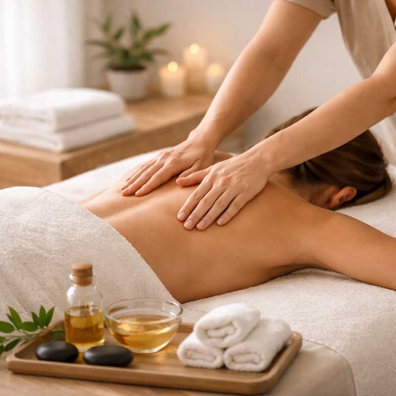 A person receives a back massage in a spa setting, surrounded by rolled towels, massage oil, black stones, a green leaf, and lit candles for a relaxing atmosphere.