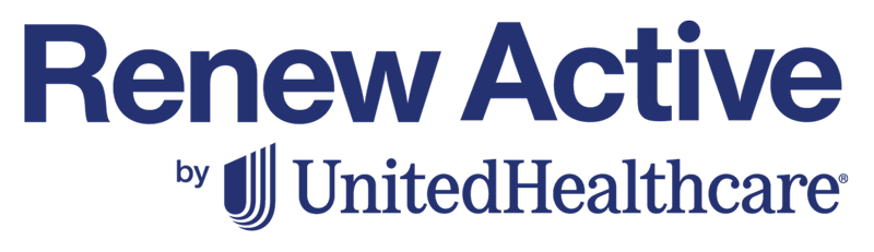 Logo for Renew Active by UnitedHealthcare, featuring bold dark blue text and the UnitedHealthcare logo beneath the program name on a light background.