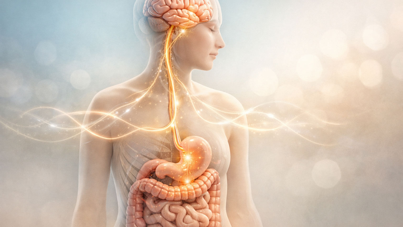 A digital illustration of a woman with transparent skin showing her brain, stomach, and intestines, connected by glowing neural pathways, symbolizing the gut-brain connection.