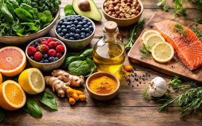 A wooden table with fresh salmon, lemon slices, berries, spinach, avocado, mixed nuts, herbs, and more healing inflammation food arranged beyond the plate in a vibrant display.