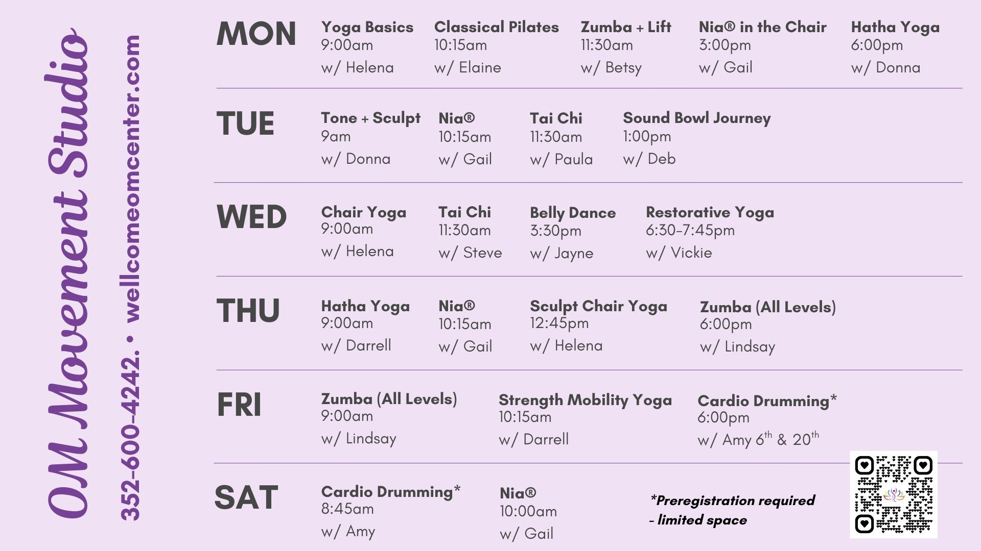 Weekly class schedule for OM Movement Studio with days, times, class types (yoga, Zumba, Nia, drumming), instructors, and contact info. Some classes are marked as pre-registration required or have limited space.