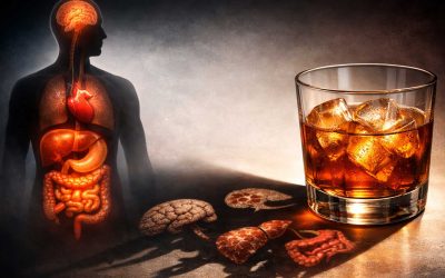 A glass of whiskey with ice sits beside a human body diagram highlighting internal organs, illustrating the effects of alcohol on the brain, liver, heart, and digestive system.