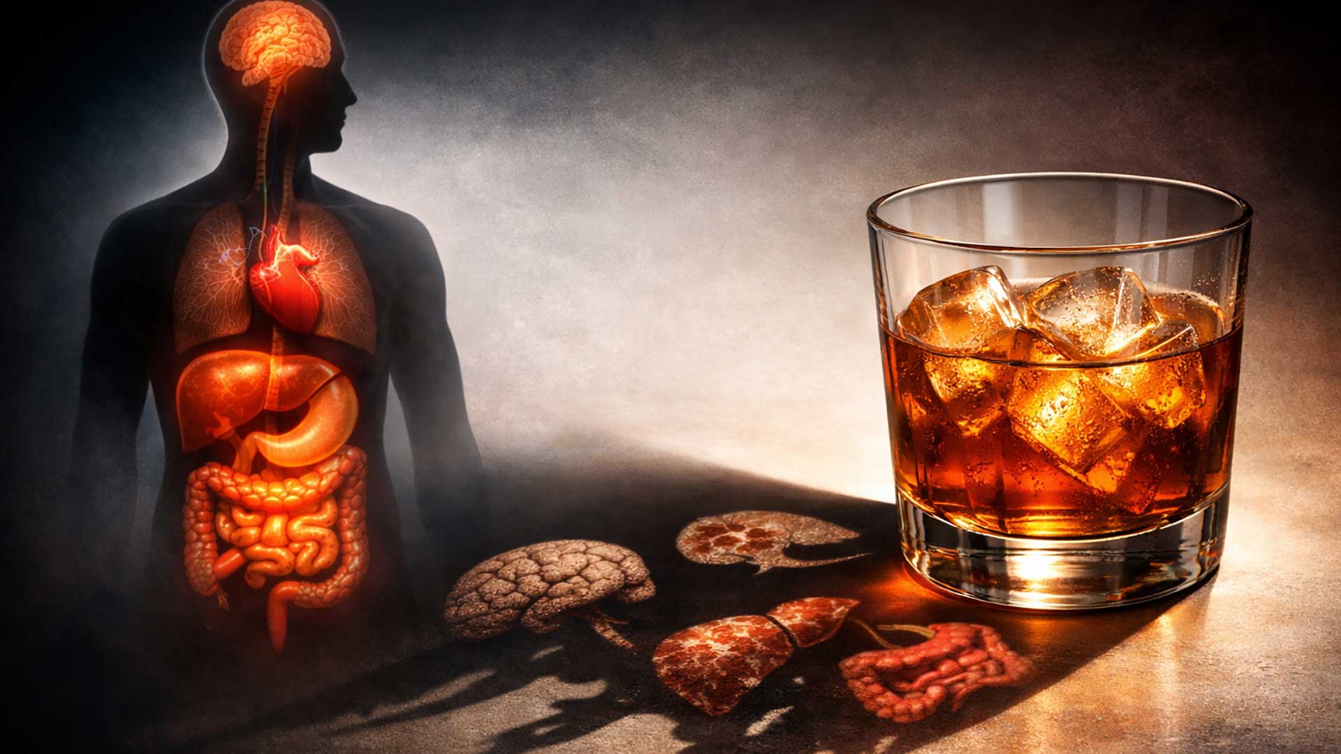 A glass of whiskey with ice sits beside a human body diagram highlighting internal organs, illustrating the effects of alcohol on the brain, liver, heart, and digestive system.