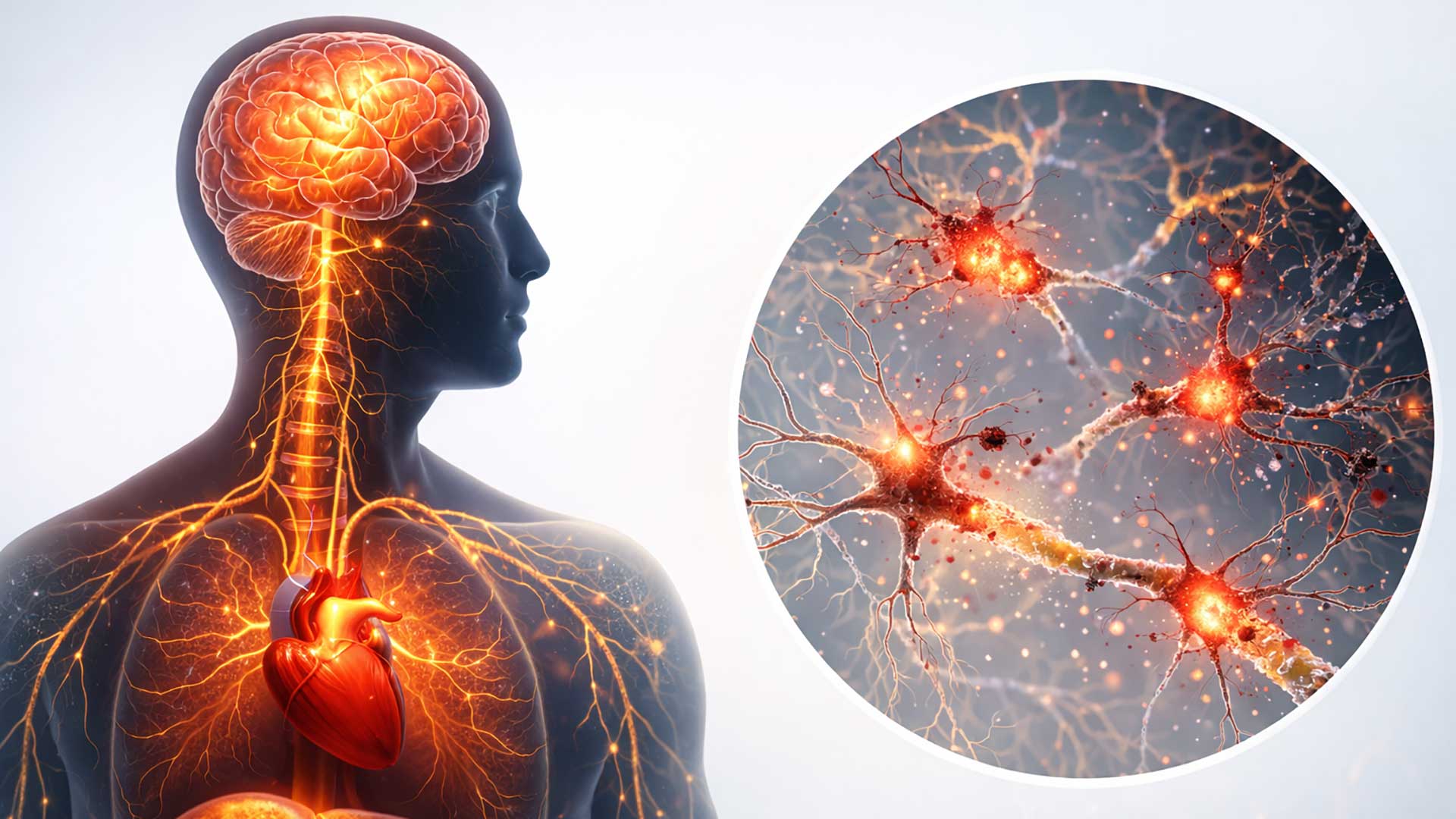 Detailed anatomical illustration of the human brain and nervous system with glowing neural pathways, showing areas of oxidative stress and inflammation with dimmed and fragmented neural connections on a clean, light background.