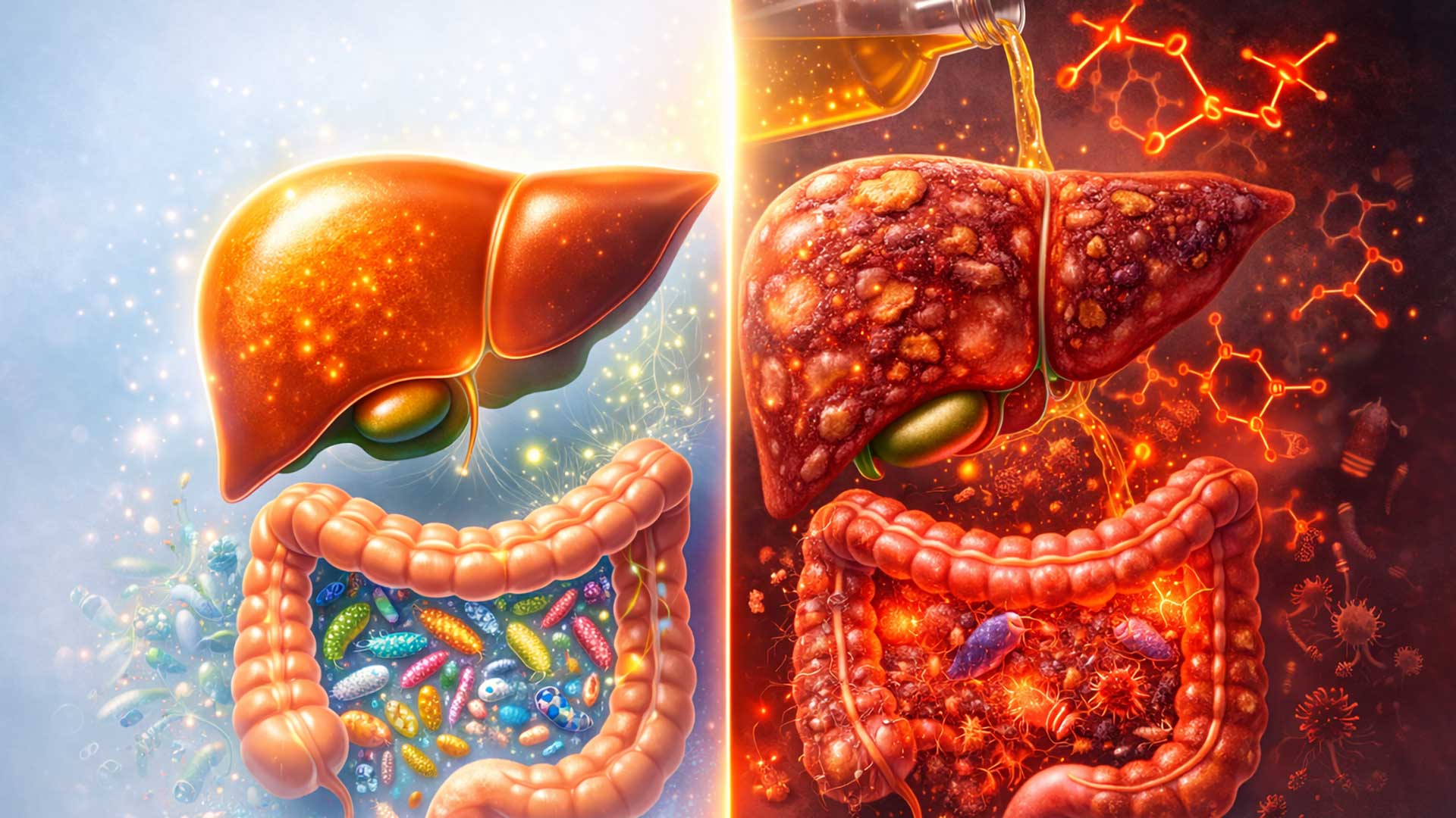 Illustration of a healthy liver and intestines on the left, glowing with vibrant colors and friendly bacteria, contrasted with a diseased liver on the right showing damage from alcohol risks, inflammation, and harmful microbes.