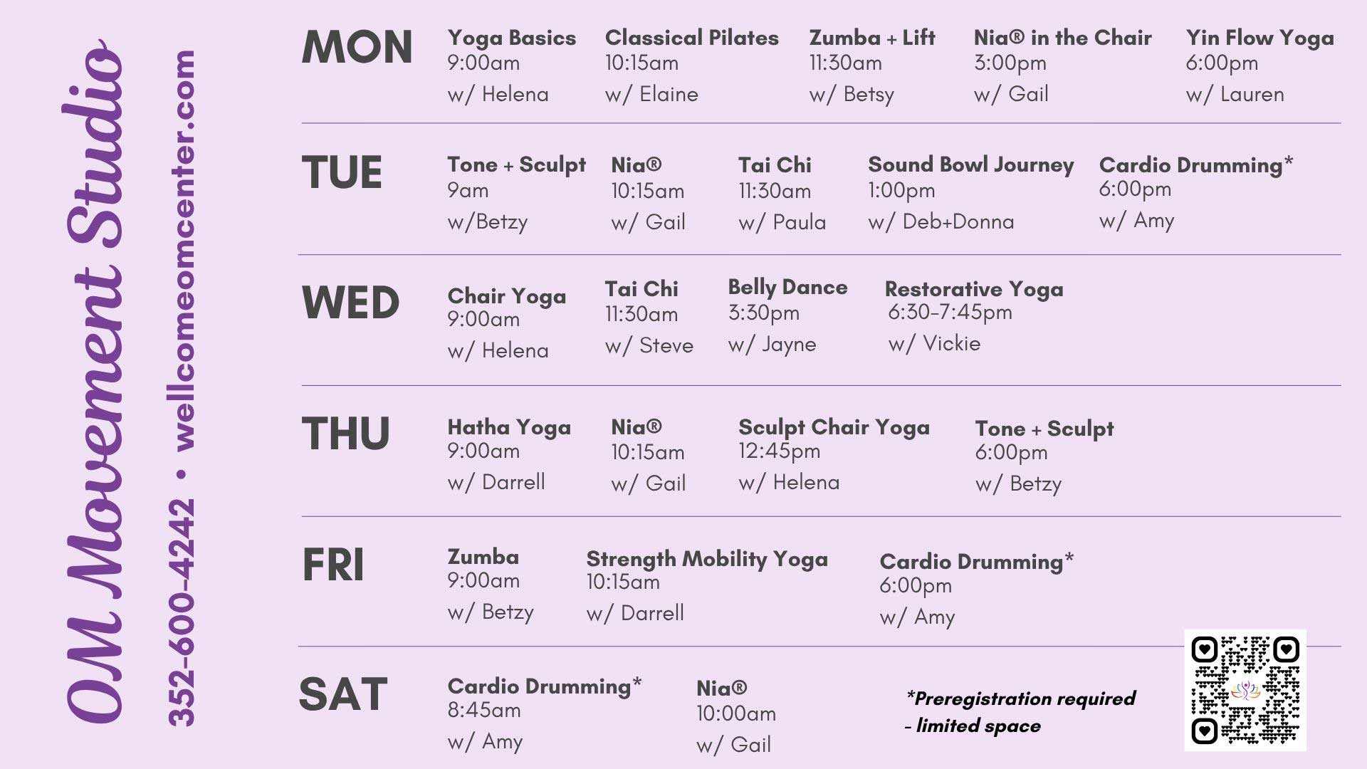 Weekly class schedule for OM Movement Studio with days as columns and class names, times, and instructors listed for each day. Studio contact info, website, and QR code are included on the left and bottom of the image.