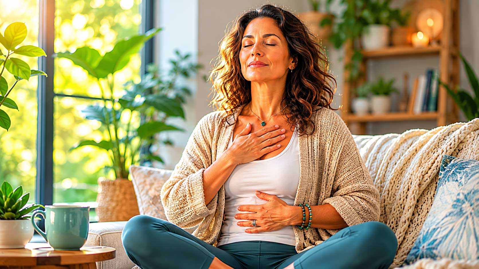 Woman practicing mindful breathing in a calming wellness setting, illustrating the connection between emotional stress, physical well-being, and holistic mind-body healing.