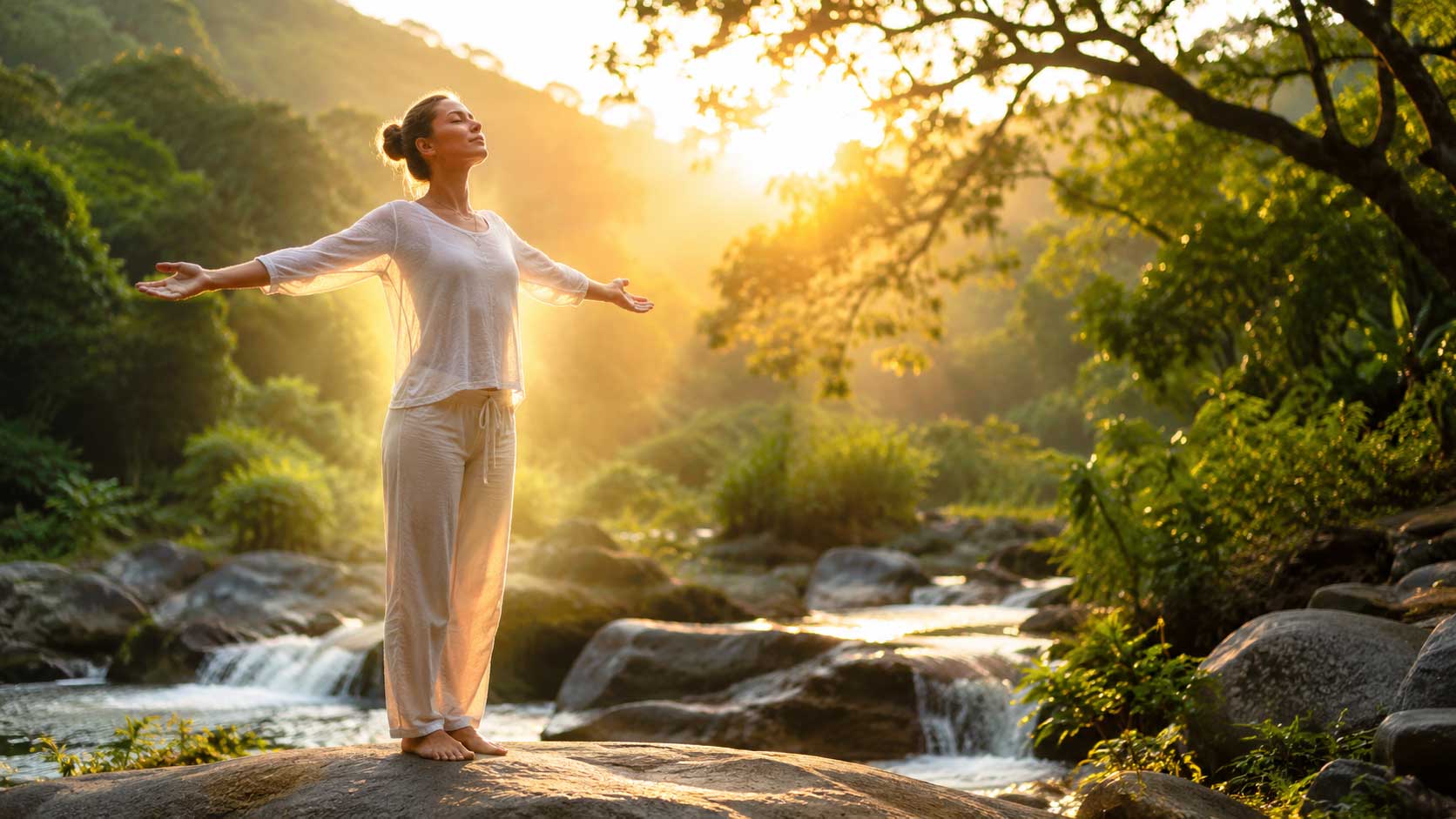 energy-field-mind-body-spirit-healing Woman standing peacefully on a rock beside a flowing stream at sunrise, surrounded by lush greenery and golden sunlight, symbolizing wellness, balance, healing, and connection to nature.
