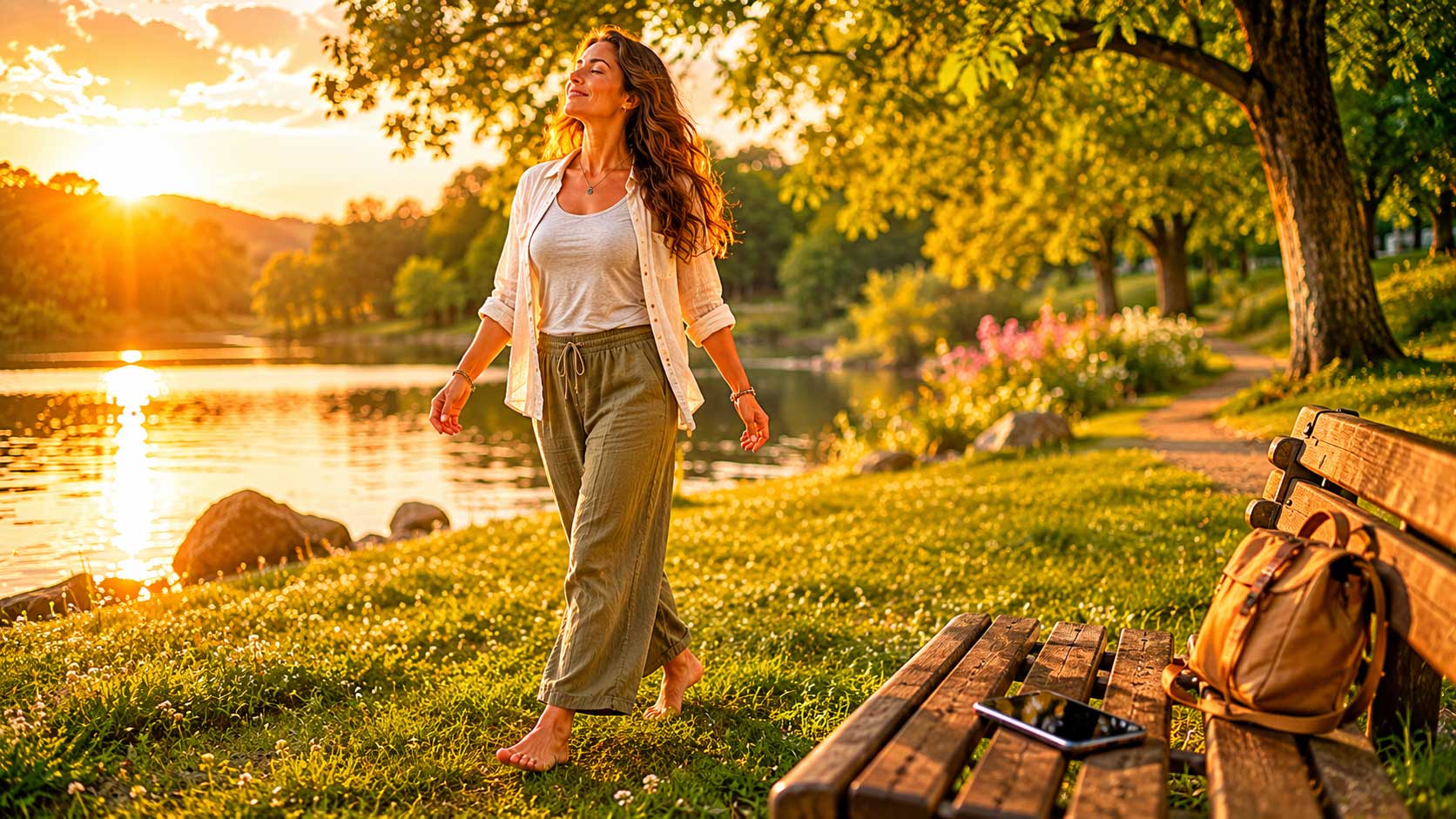 Woman practicing a digital detox by walking barefoot in nature at sunset, promoting stress relief, emotional well-being, grounding, and holistic mind-body health.