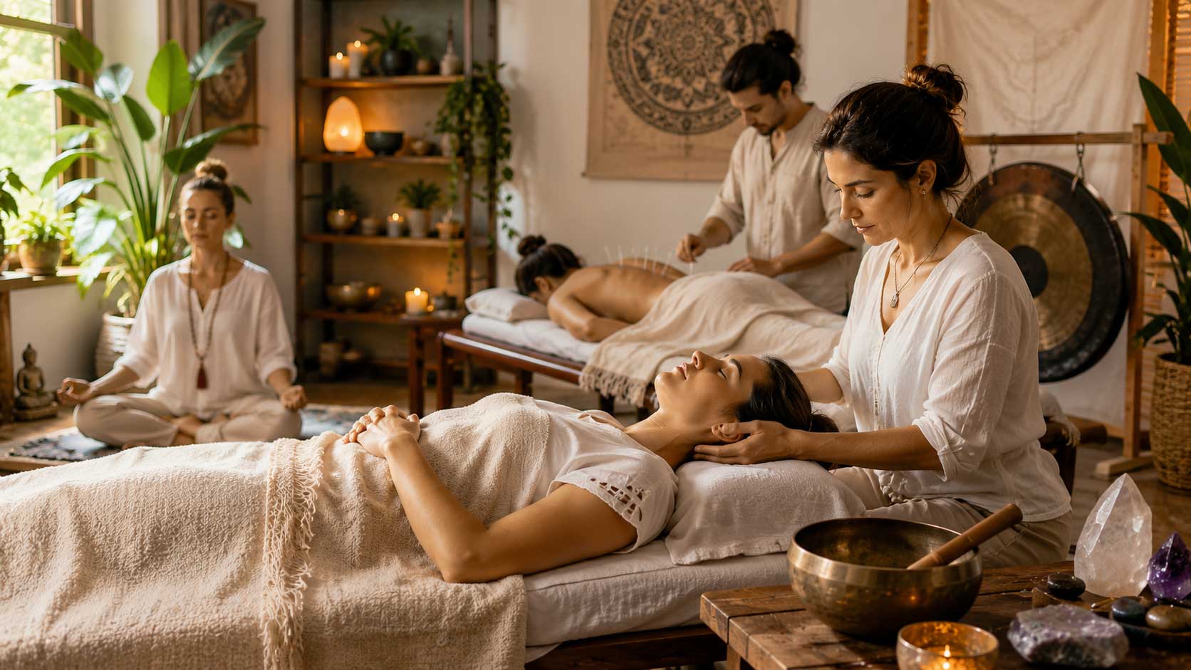 Peaceful integrative healing center offering holistic wellness therapies, including meditation, acupuncture, sound healing, and energy-based treatments to support mind-body-spirit balance.